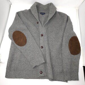 Lands End Lambswool Shawl Collar Elbow Patch Cardigan Mens LRG Gray